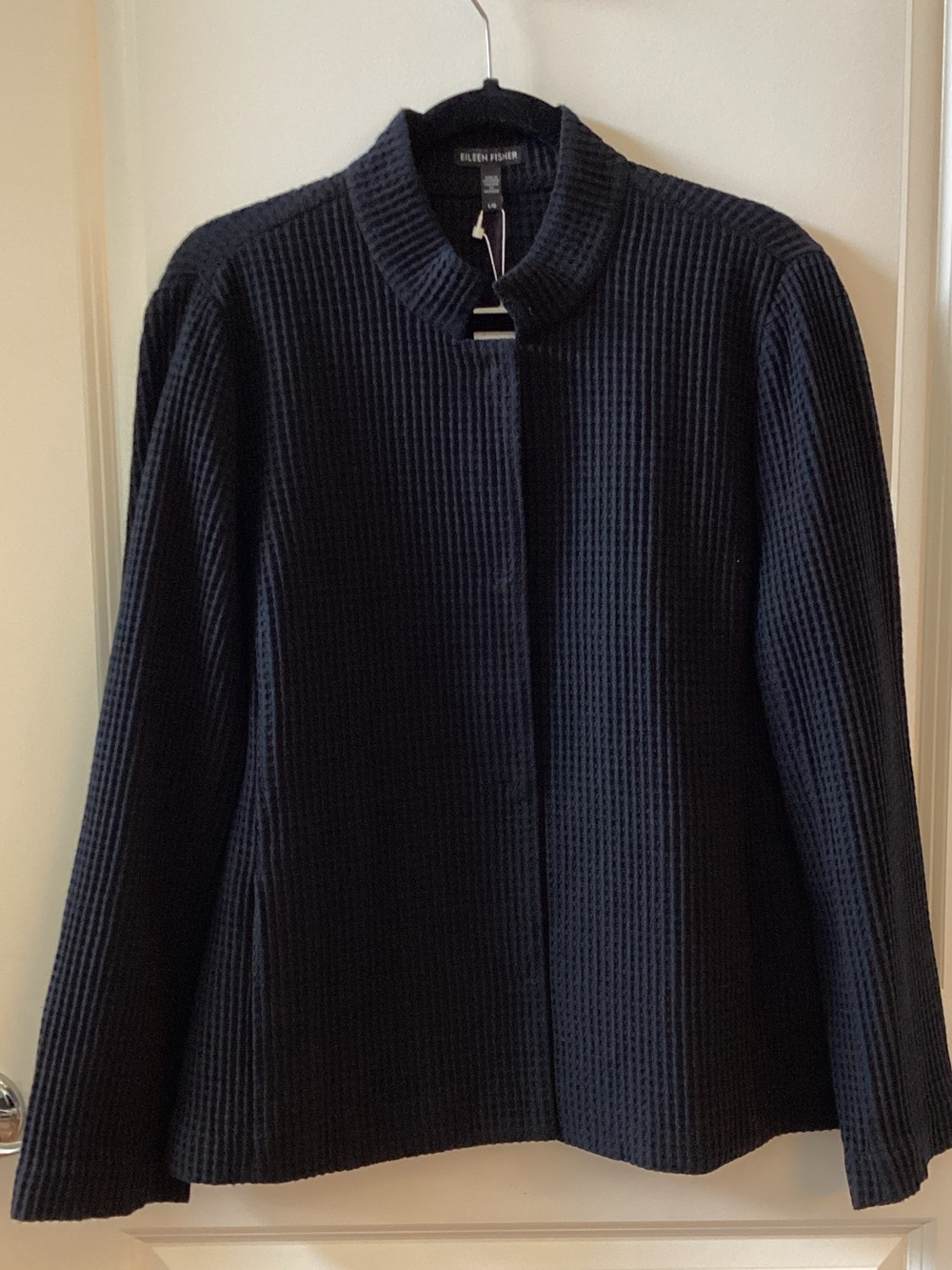 Eileen Fisher Black Ribbed Cotton/Tencel Jacket with Stand Collar